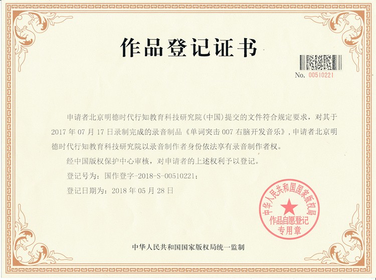 作品登记证书-右脑开发音乐